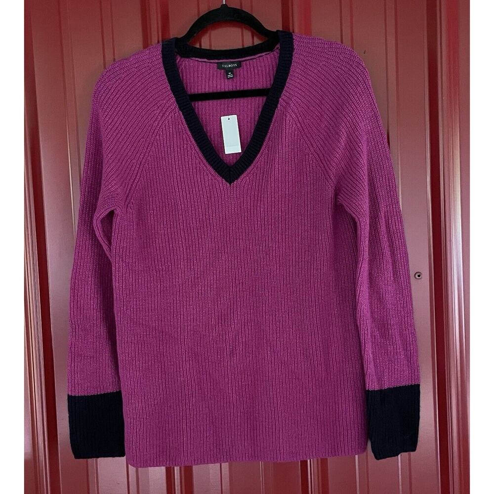 Talbots Sweater Knit Ribbed V Neck lightweight Cotton Blend Pullover Medium New